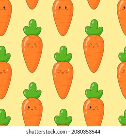 Seamless pattern of cute kawaii carrot. Vegetable print with different emotions of carrot. Flat vector illustration.