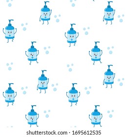 Patrón sin inconvenientes con una tierna caricatura kawaii sanitizadores con caras. Ilustración del vector