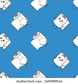 Nahtloses Muster mit süßen kawaii Cartoon Toilettenpapier Rollen mit Gesichtern. Vektorillustration