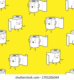 Patrón sin inconvenientes con adorables rollos de papel higiénico de dibujos animados kawaii con rostros. Ilustración del vector