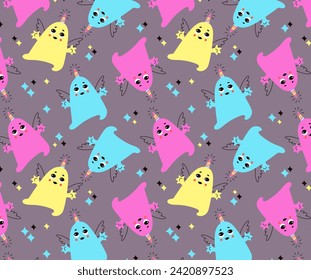 patrón impecable Cute kawaii caricatura monstruo rosa unicornio personaje bebé. Feliz Halloween. Ilustración vectorial de dibujos animados planos. Los niños imprimen.