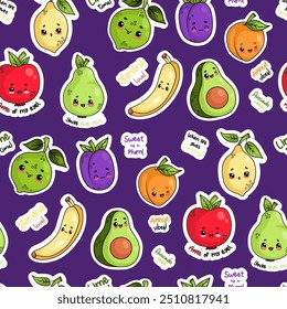 Seamless pattern with cute kawaii cartoon fruits and berries characters on purple background with funny phrases. Vector illustration.