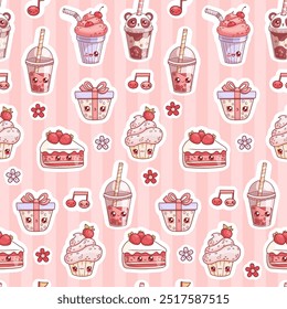 Seamless pattern with cute kawaii cartoon character festive sweet food and drinks on pink striped background. Vector illustration. Kids collection