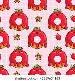 Seamless pattern with cute kawaii cartoon red strawberry donut character on pink checkered background. Vector illustration