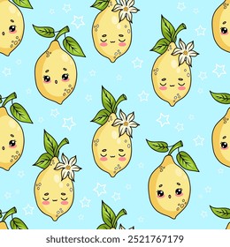 Seamless pattern with cute kawaii cartoon yellow lemon character on blue background. Vector illustration