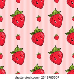 Seamless pattern with cute kawaii cartoon red playful strawberry character on pink striped background. Vector illustration