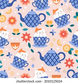 Seamless pattern with cute kawaii cat in cup. Tea time. Abstract flowers. Cartoon character. Vector illustration.