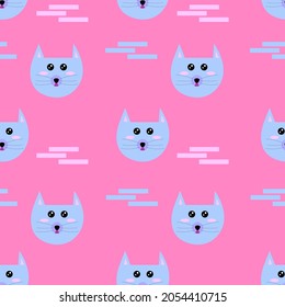 Seamless pattern with cute kawaii cat on a pink background. Good for any project.