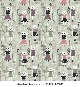 Seamless pattern cute kawaii cat ballerinas in dresses. Victorian windows. Scandinavian style. Nursery decor trend Gift wrap, fabrics, wallpapers, white brown Sepia Rust pink gray background. Vector