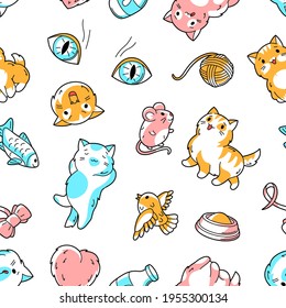Seamless pattern with cute kawaii cats. Fun animal background.