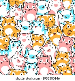Seamless pattern with cute kawaii cats. Fun animal background.