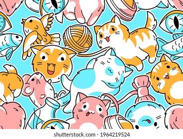 Seamless pattern with cute kawaii cats. Fun animal background. Cartoon stylized items.