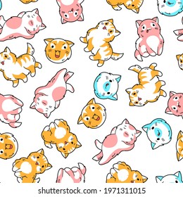 Seamless pattern with cute kawaii cats. Fun animal background.