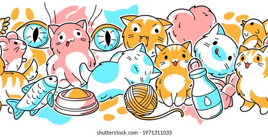 Seamless pattern with cute kawaii cats. Fun animal background.