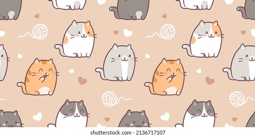 Seamless pattern with cute kawaii cats or kittens in pastel colors. Vector illustration with red kittens. Background for print fabric, textile design, wrapping paper or wallpaper