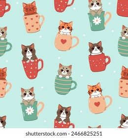 Seamless pattern with cute kawaii cats in mugs. Vector graphics.