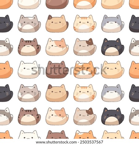 Seamless pattern with cute kawaii cats. Anime pattern with kittens faces. Vector ornament in Japanese, Korean style