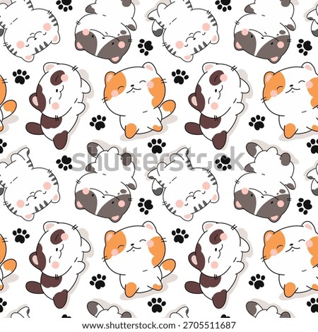 Seamless pattern with cute kawaii cats, fabric print