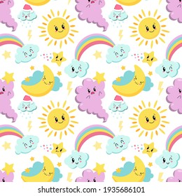 seamless pattern with cute kawaii ,cloud, rainbow and sun - vector illustration