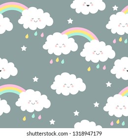 Seamless pattern with cute kawaii clouds, stars, raindrops and rainbows. Vector illustration.