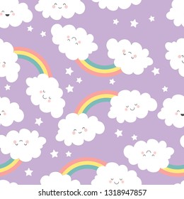 Seamless pattern with cute kawaii clouds, stars,  and rainbows. Vector illustration.