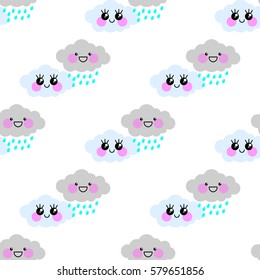 Seamless pattern, cute kawaii clouds on a white background. Lovely flat design, primitive style. Cheerful  rain cloud. Universal print. Vector illustration EPS 8