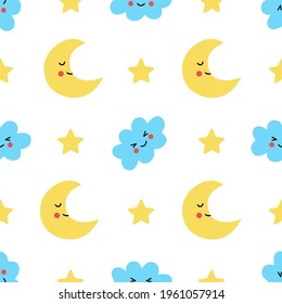 Patrón sin foco con la linda media luna kawaii y nubes sobre fondo blanco.