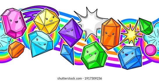 Patrón sin foco con lindos cristales de kawaii o gemas. Piedras joyas personajes graciosos.