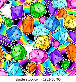 Patrón sin foco con lindos cristales de kawaii o gemas. Piedras joyas personajes graciosos.