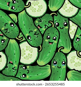 Seamless pattern of cute kawaii cucumbers and slices with smiling faces on a black background. Perfect for kids’ prints, fabrics, packaging, and digital paper.