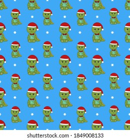 Seamless pattern with cute kawaii dinosaur. Vector illustration.	
