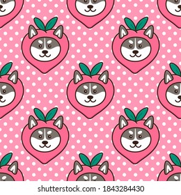 Seamless pattern with cute kawaii dog Siberian Husky in funny costume fruit peach. Beautiful print for packaging, wrapping paper, textile, home decor etc.