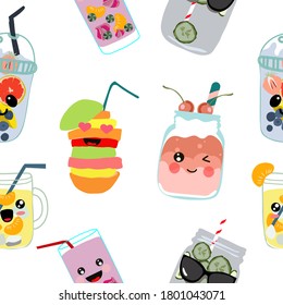 Seamless pattern. Cute kawaii drinks. Various varieties of refreshing lemonades and fruits. Vector illustration.  Transparent background