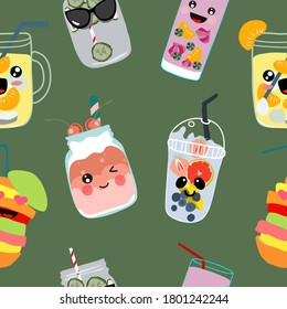 Seamless pattern. Cute kawaii drinks. Various varieties of refreshing lemonades and fruits. Vector illustration