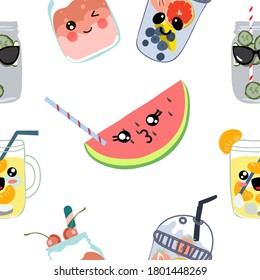 Seamless pattern. Cute kawaii drinks. Various varieties of refreshing lemonades and fruits. Vector illustration.  Transparent background