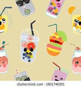 Patrón sin foco. Bebidas de kawaii. Variedades de limonadas y frutas refrescantes. Ilustración del vector