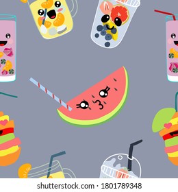 Seamless pattern. Cute kawaii drinks. Various varieties of refreshing lemonades and fruits. Vector illustration