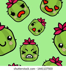 Seamless pattern with cute kawaii emoji cacti vector cartoon illustration