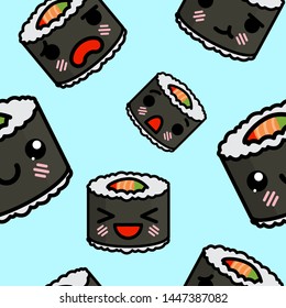 Seamless pattern with cute kawaii emoji sushi vector cartoon illustration
