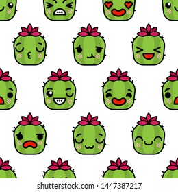 Seamless pattern with cute kawaii emoji cacti vector cartoon illustration