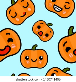 Seamless pattern with cute kawaii emoji Halloween Pumpkin vector cartoon illustration