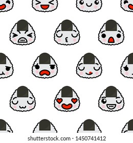 Seamless pattern with cute kawaii emoji onigiri vector cartoon illustration
