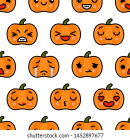 Seamless pattern with cute kawaii emoji Halloween Pumpkin vector cartoon illustration