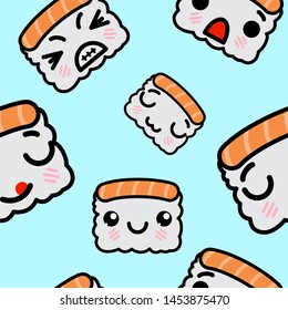 Seamless pattern with cute kawaii emoji sushi vector cartoon illustration