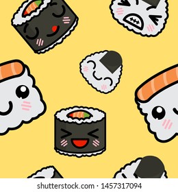 Seamless pattern with cute kawaii emoji sushi vector cartoon illustration