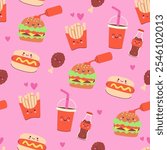 Seamless pattern of cute kawaii fast food on pink background. Vector graphics.