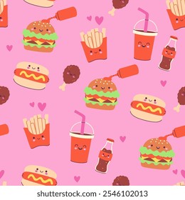 Seamless pattern of cute kawaii fast food on pink background. Vector graphics.