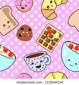 Seamless pattern. Cute kawaii food. Pink background with white hearts. Vector hand drawn