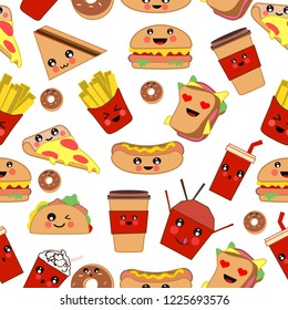 Seamless pattern. Cute kawaii food. Transparent background. Vector hand drawn