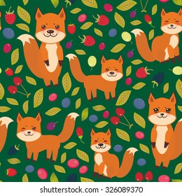 seamless pattern cute kawaii  fox, Cherry Strawberry Raspberry Blackberry Blueberry Cranberry Cowberry Goji Grape  isolated on dark green background. Vector
